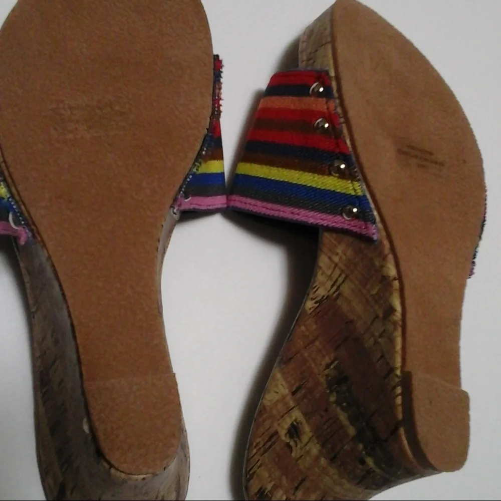 Y2K Vintage Multicolor Rainbow Woven Silver Stud Canvas Cork‎ Espadrille Wedges